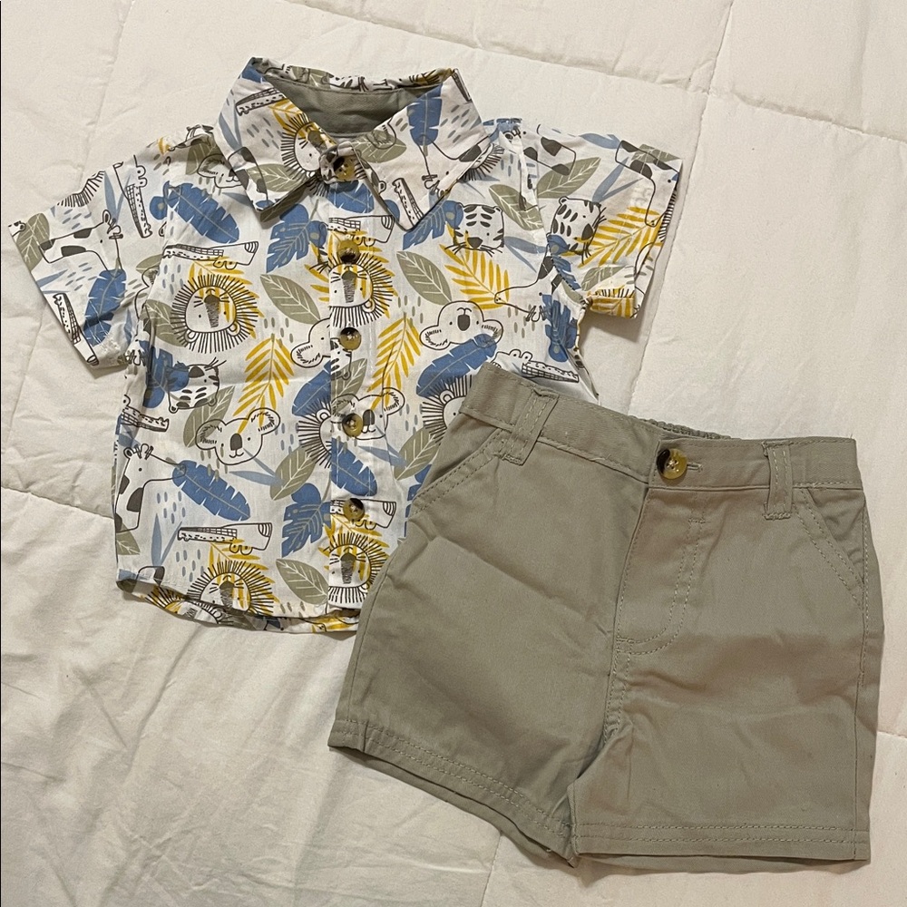 Little Beginnings Cotton Safari Animal Print Shirt and Khaki Shorts Set